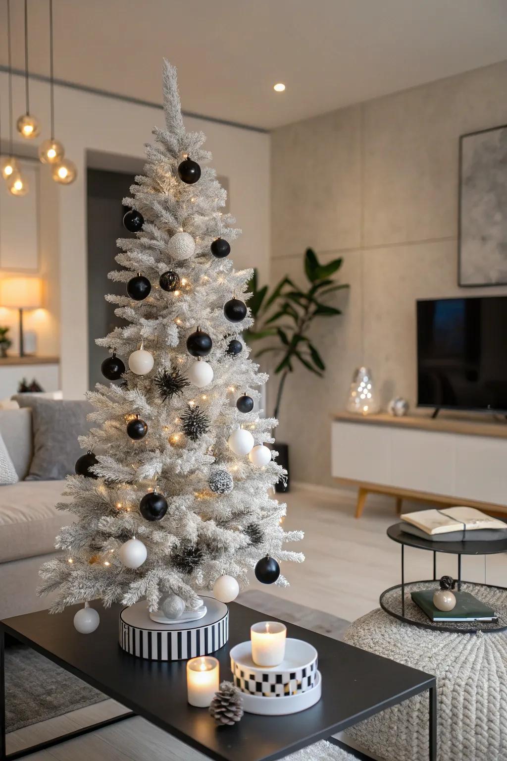 Refined black and white ornaments create a chic slender tree.