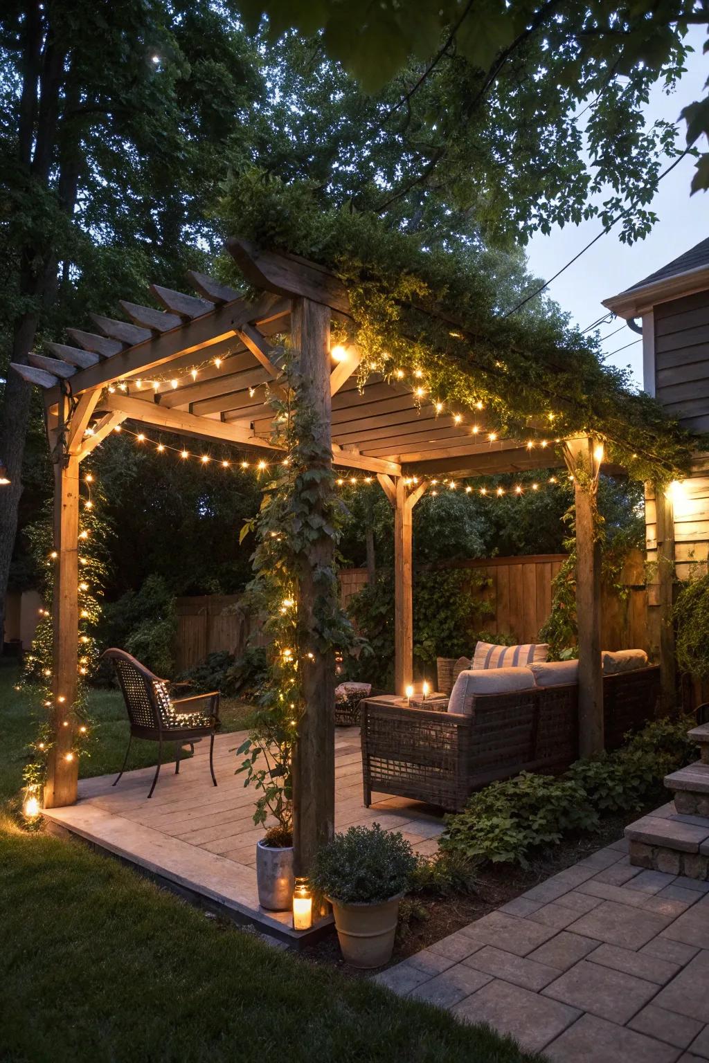 Trellises with illumination append privacy and a warm luminescence to evening environments.