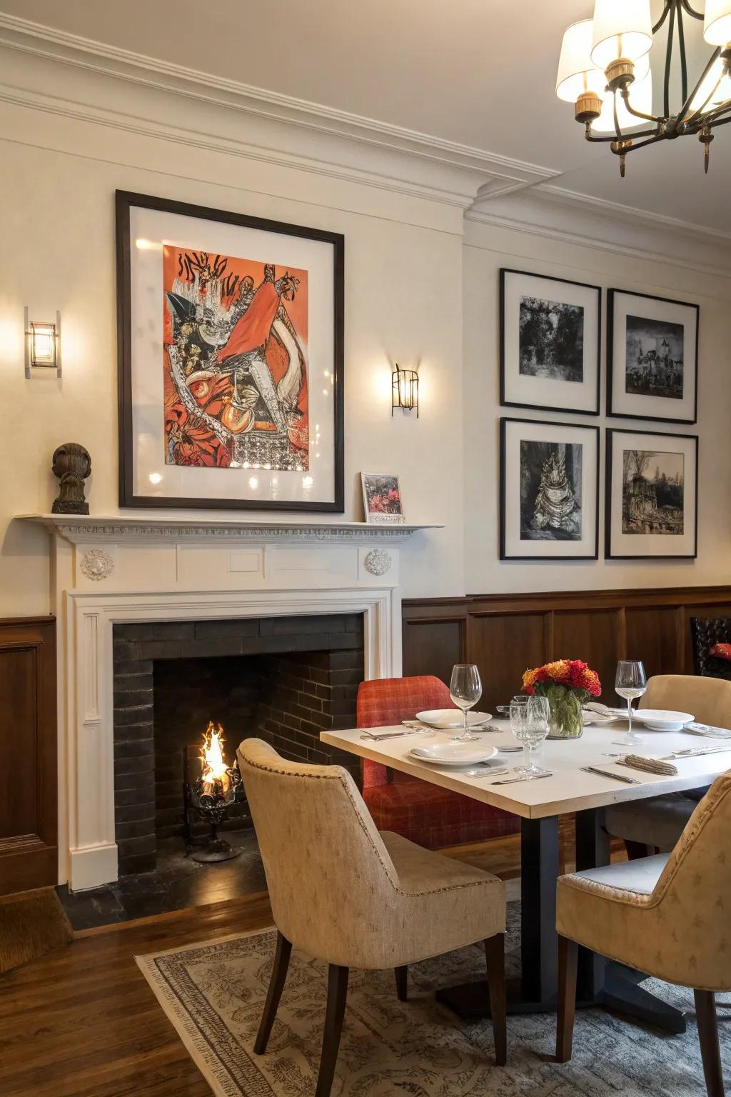 A dining area display ledge establishes an art gallery atmosphere.