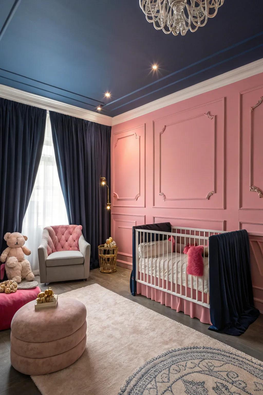A nursery concept with a striking rose and navy palette that exudes drama.