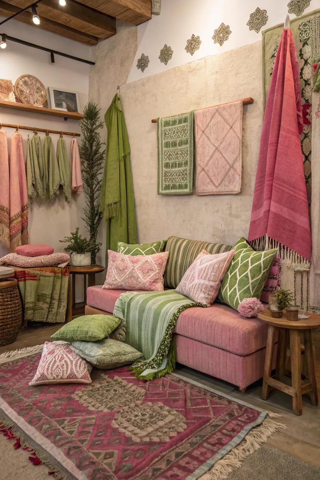 Eclectic textiles in rose and verdant add warmth and personality.