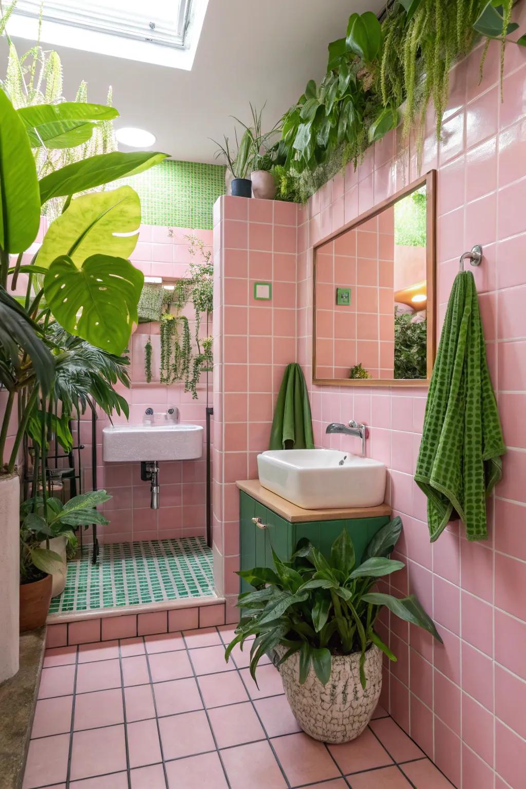 A vibrant harmony of rose-tinted tiles and green features.