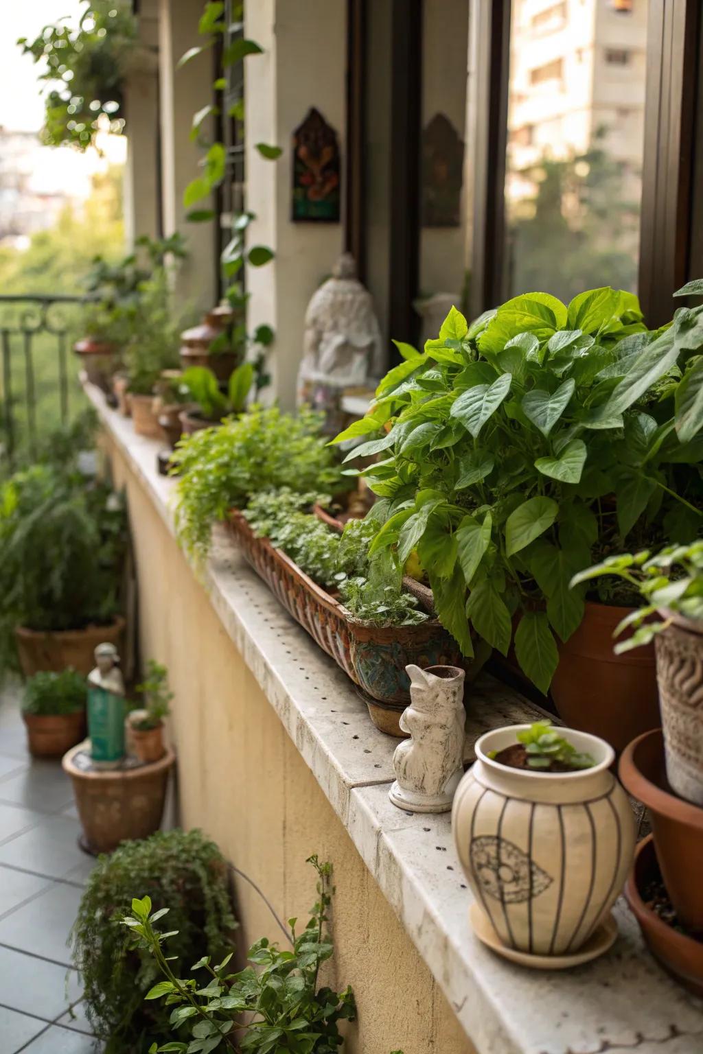 This plant ledge is kept new and appealing with regular plant and décor rotations.