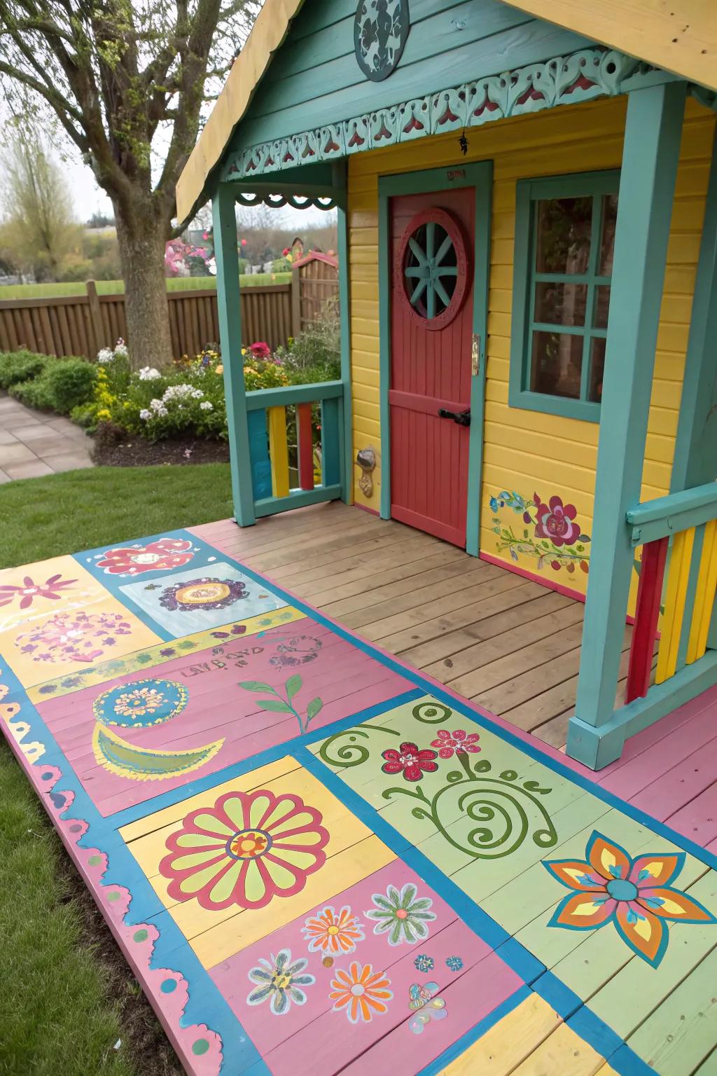 Painted floorboards introduce a whimsical, personal touch to playhouses.