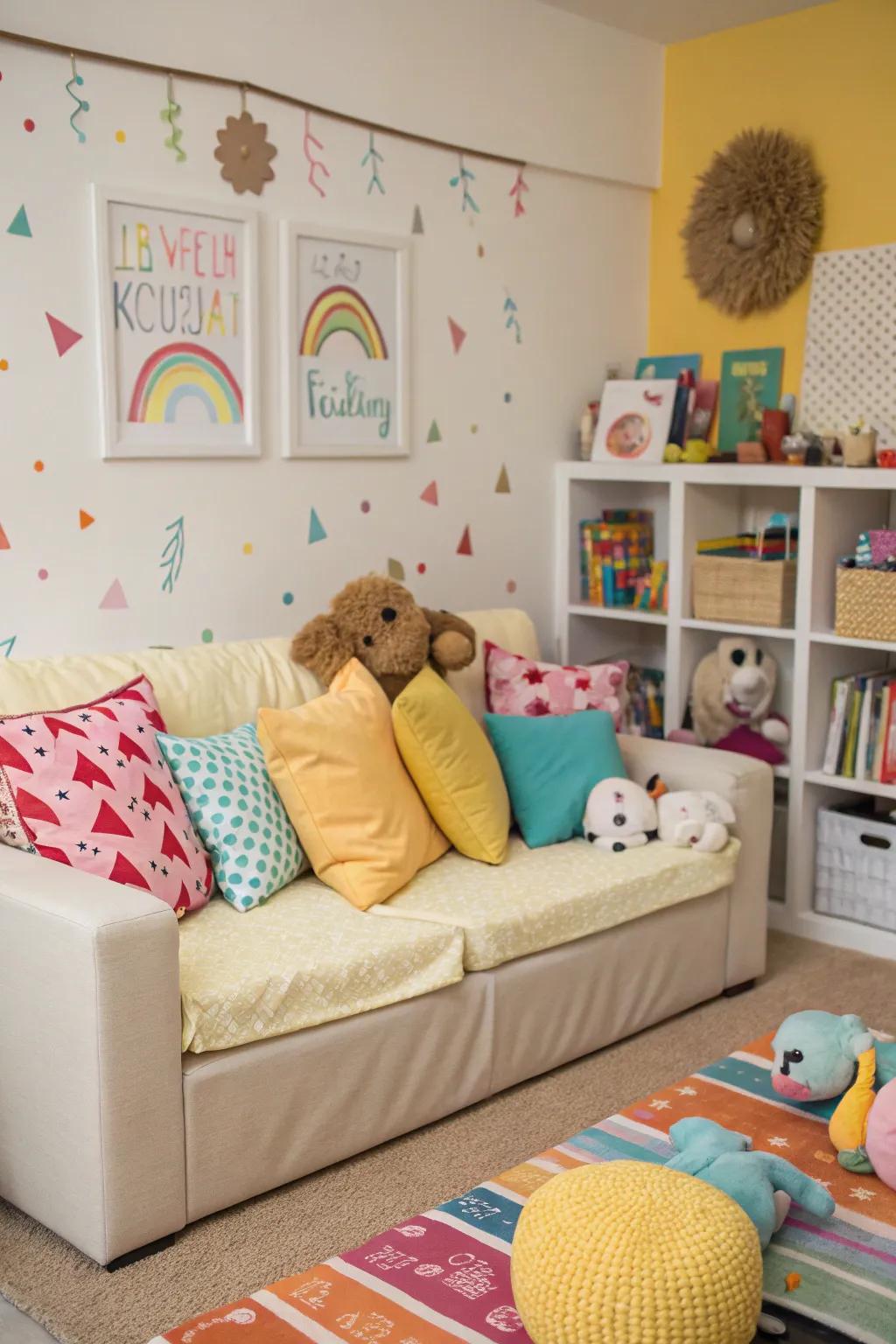 A balanced playroom showcasing a vibrant and neutral color amalgamation sofa.
