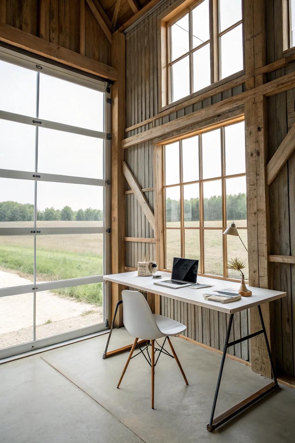 A pure office in a pole barn with a simple desk and natural light.