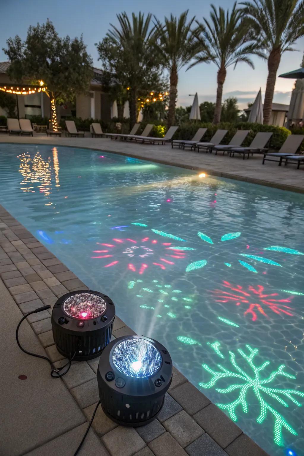 LED throwers create a dynamic visual performance on the pool's surface.