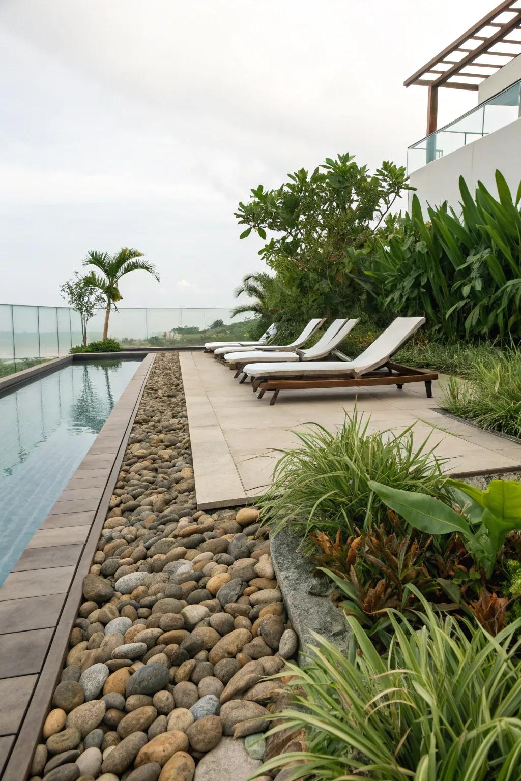 Enjoy the natural and unique texture of pebble stone decking.