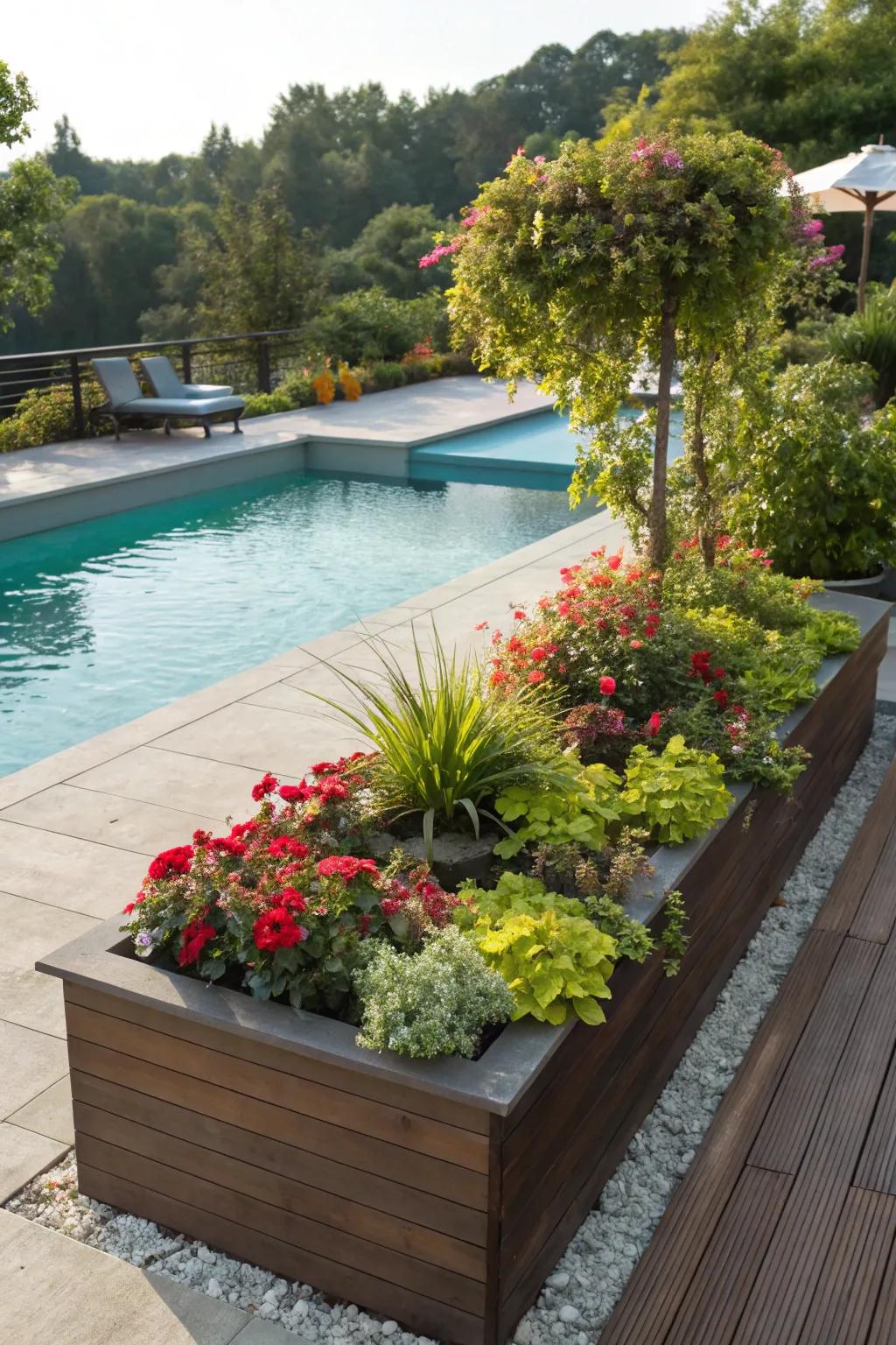 Elevate your pool deck through inset flora boxes that contribute supplementary greenery.