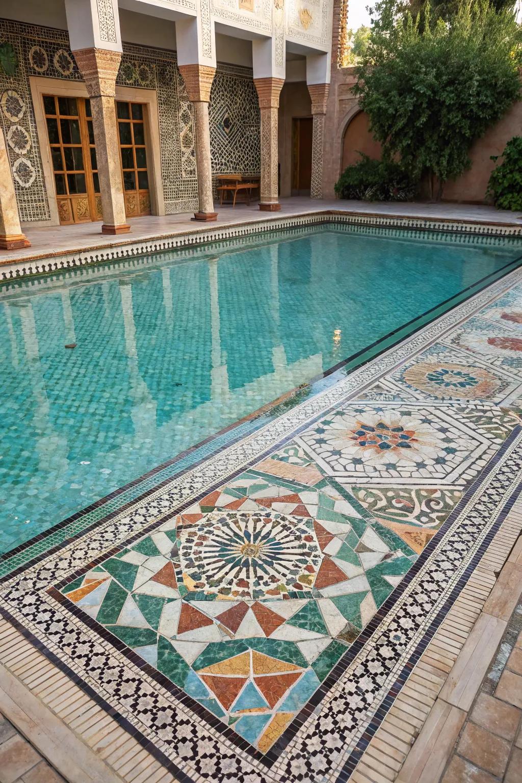 A pool showcasing a stunning mosaic tile pattern.