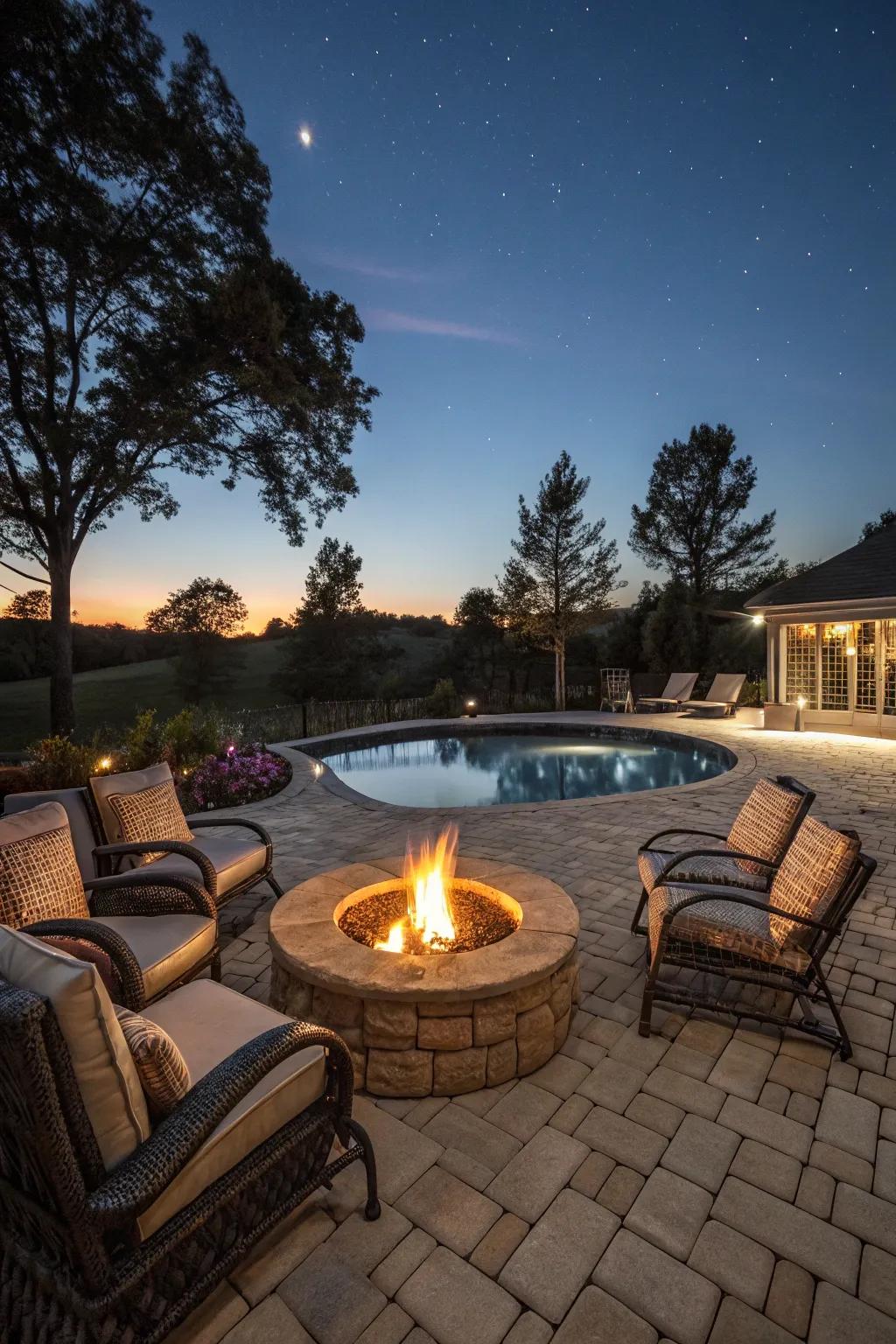 A bonfire pit creates a warm and inviting atmosphere for evening enjoyment.