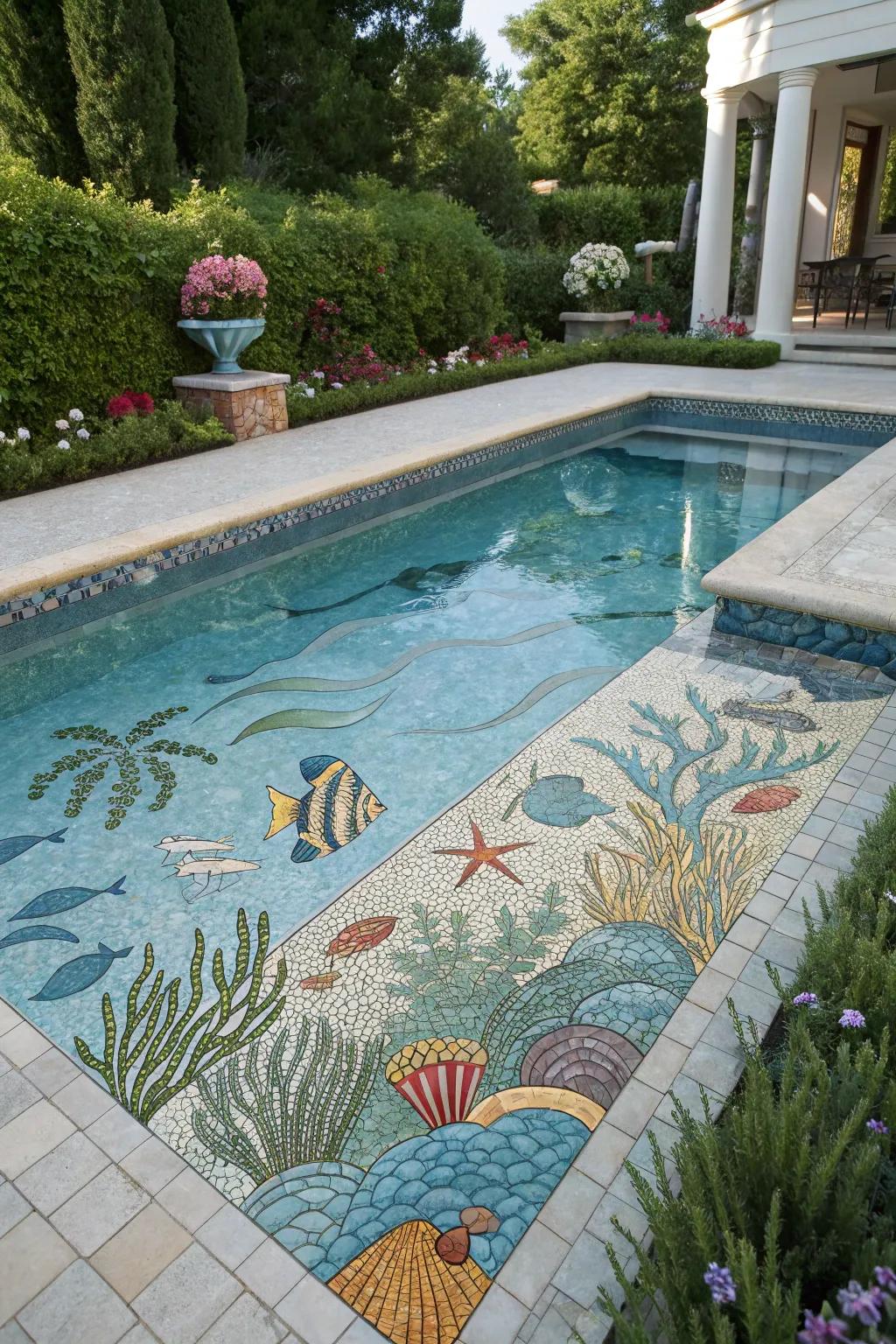 Bespoke mosaic artwork transforms your pool into a work of art.