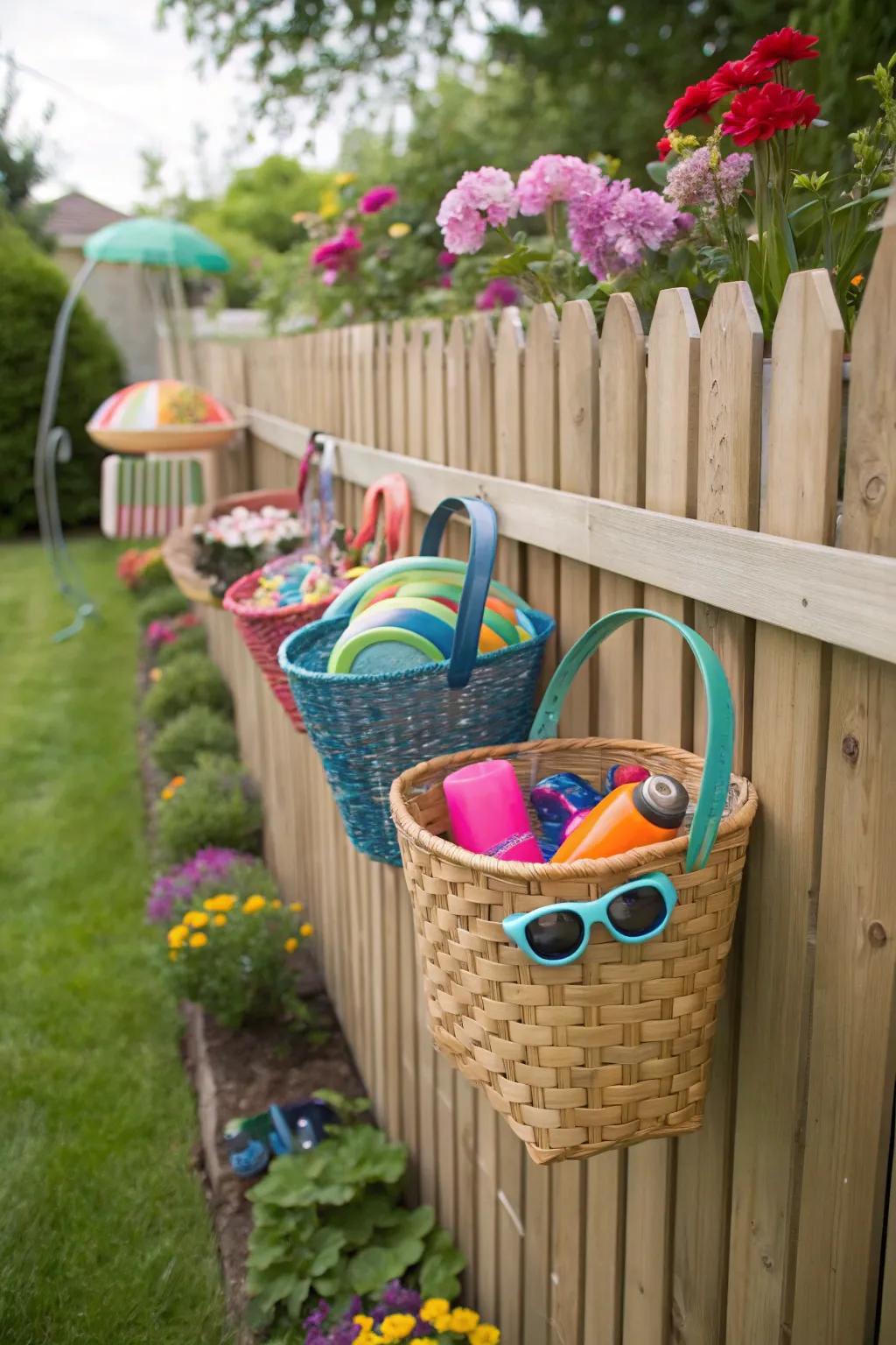 Suspended baskets provide convenient storage for poolside essentials.