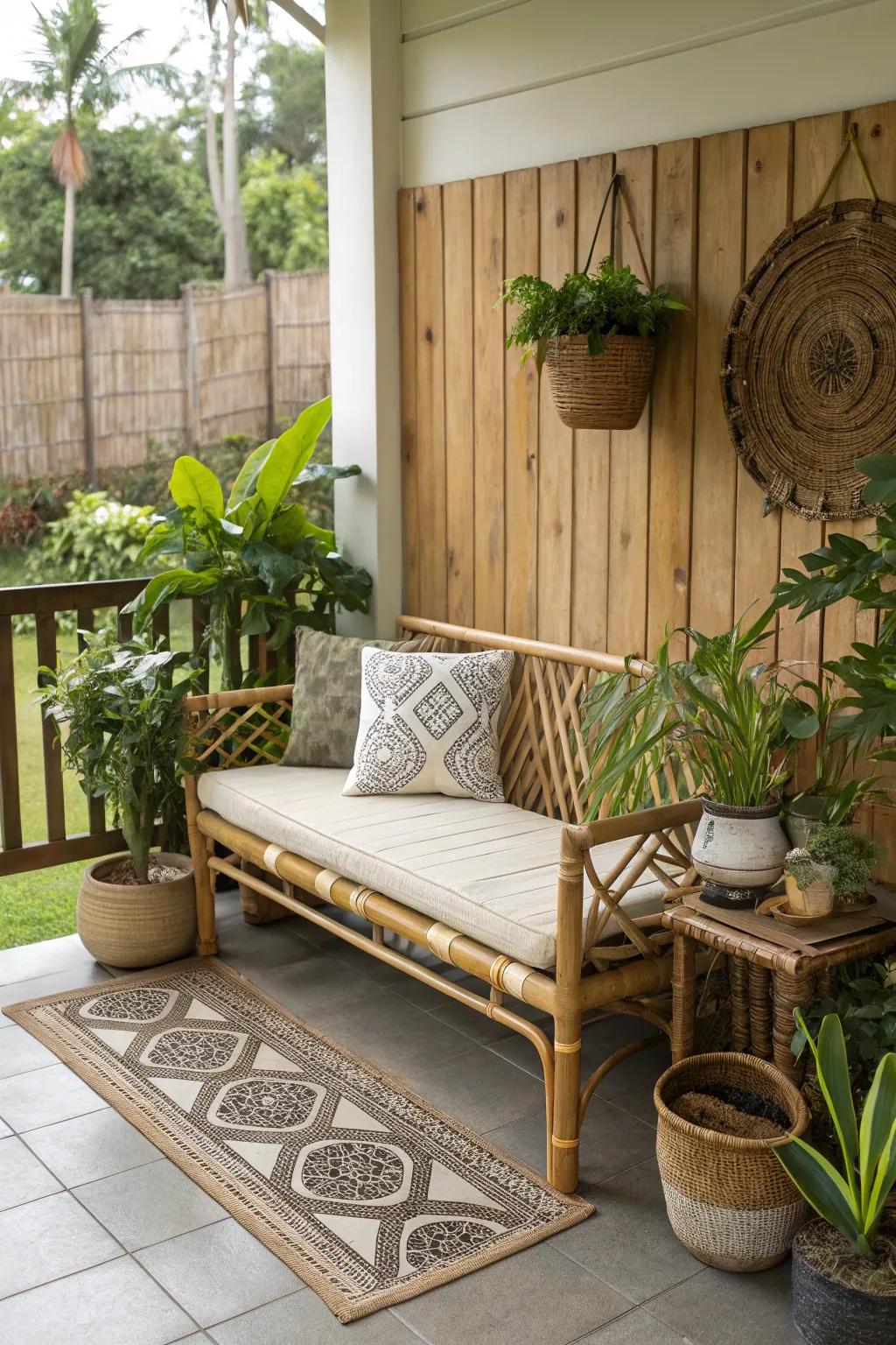 A cane bench unites flair with sustainability on the porch.
