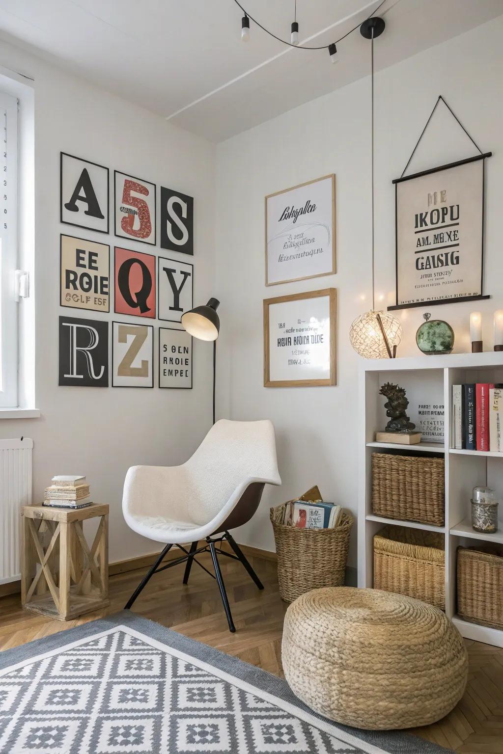 A well-styled room that displays meaningful calligraphic posters.