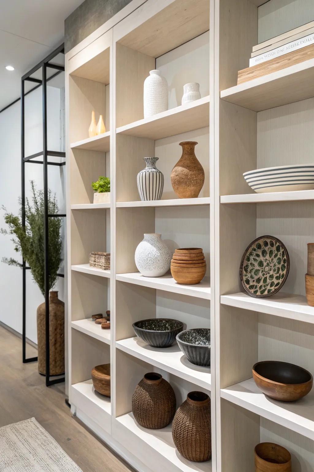 Minimalist open shelving featuring pottery display.