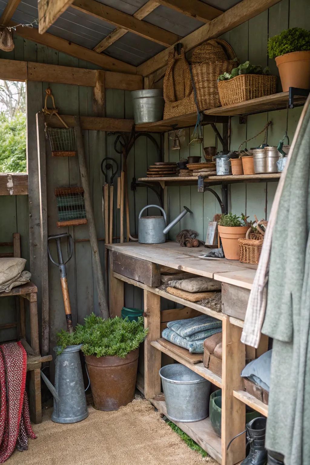 A potting shed with a mix of textures for visual interest.