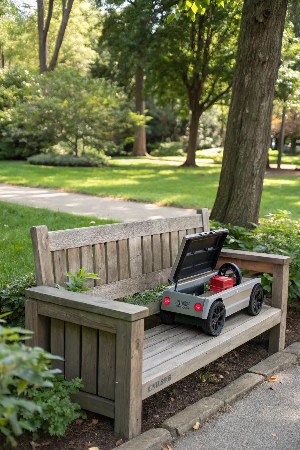 Hidden compartments seamlessly storing motorized toy vehicles.