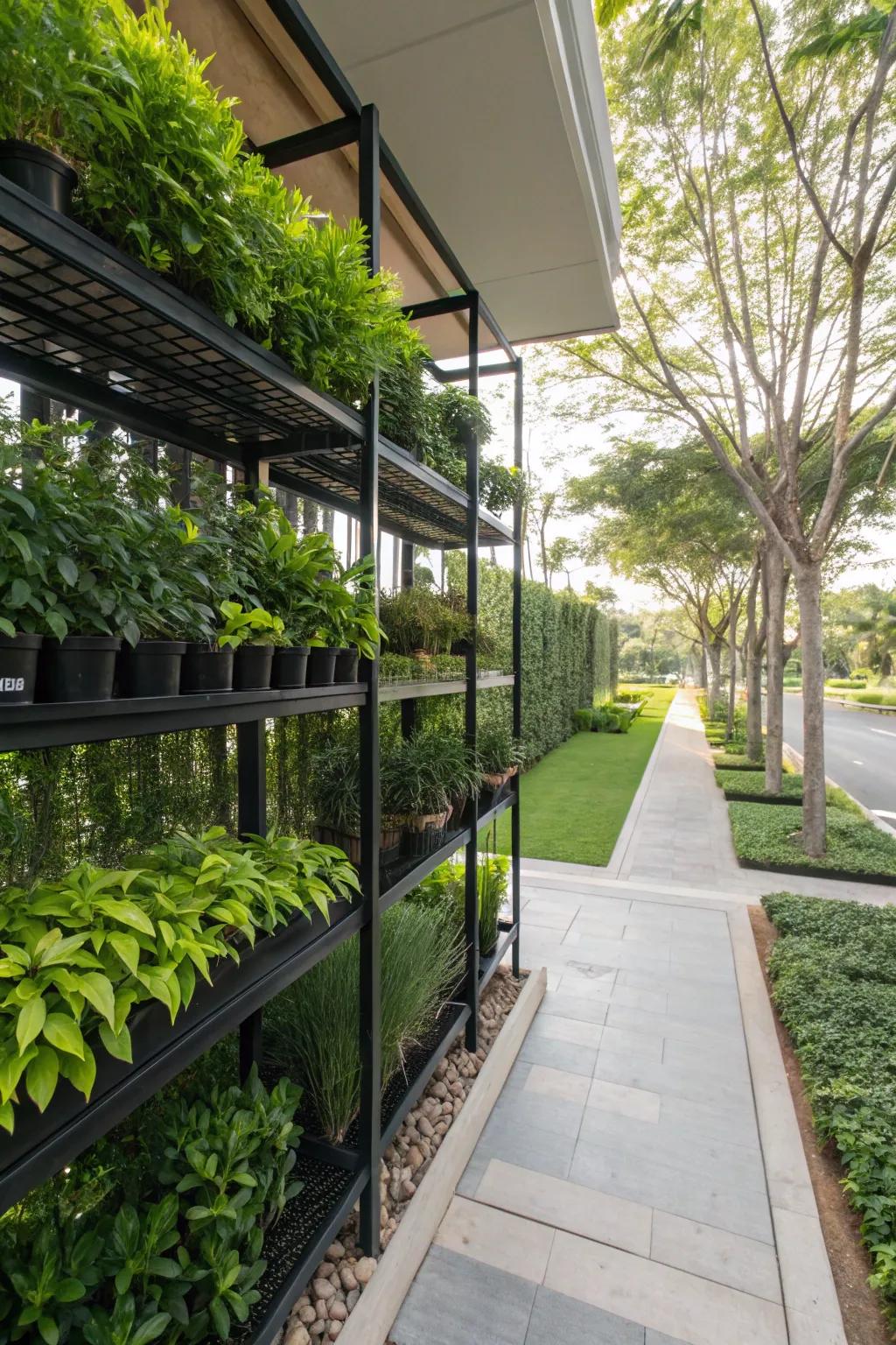 Exterior shelving with vegetation furnishes a stylish privacy solution with supplementary functionality.