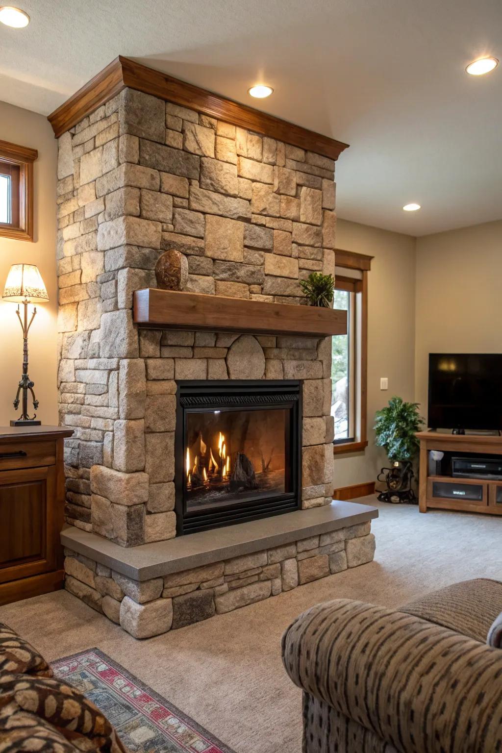A living space featuring a defining stone enclosure aimed at the propane fireplace.