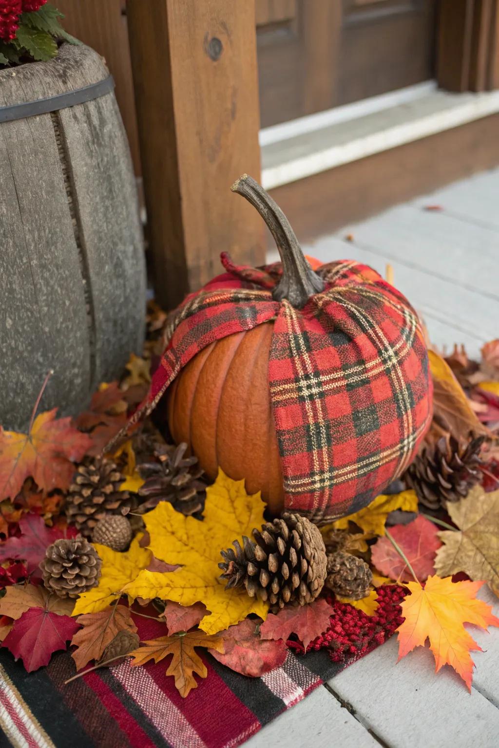 Plaid-enclosed pumpkins deliver warmth and design.