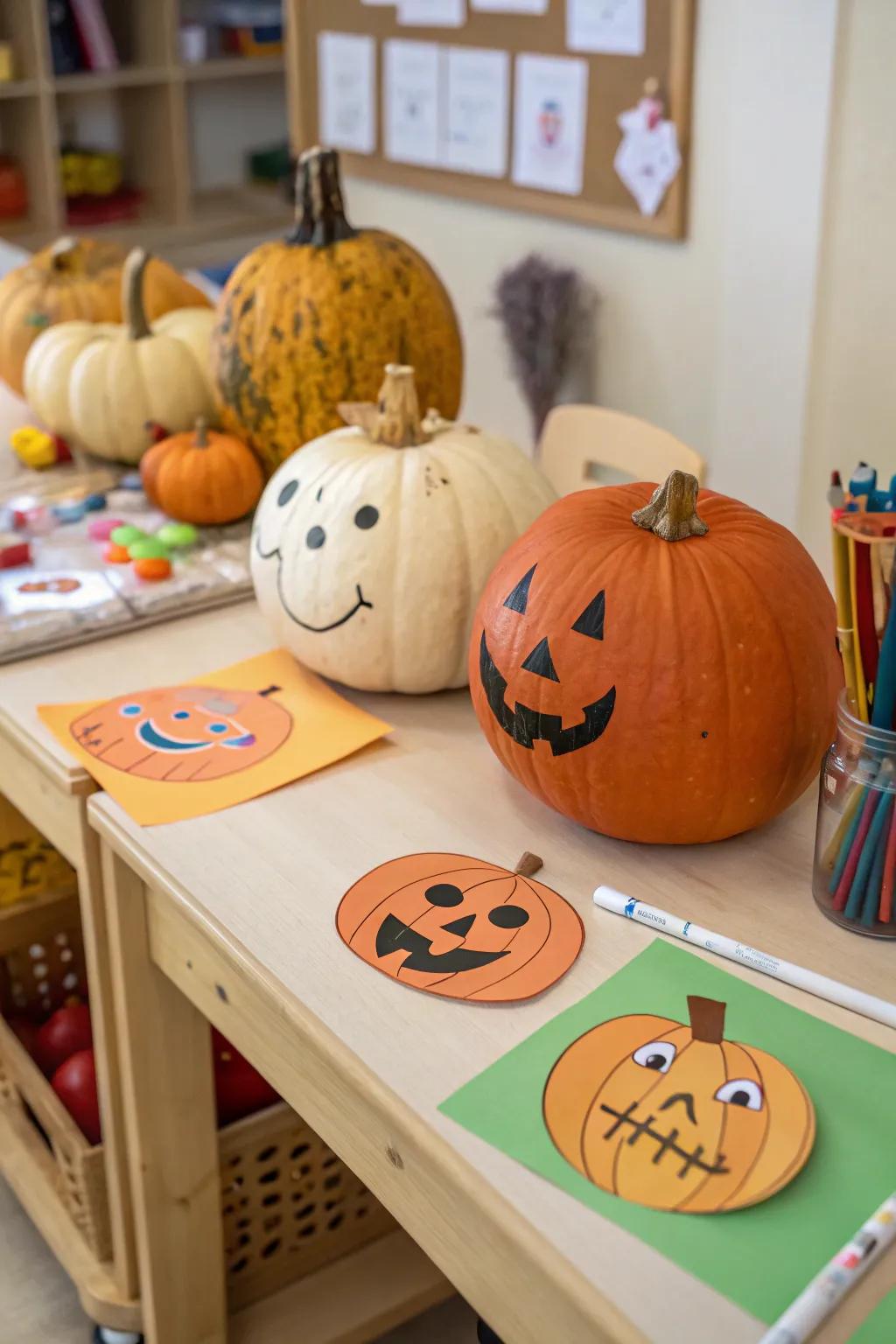 Pumpkins exhibiting whimsical paper cutout visages.
