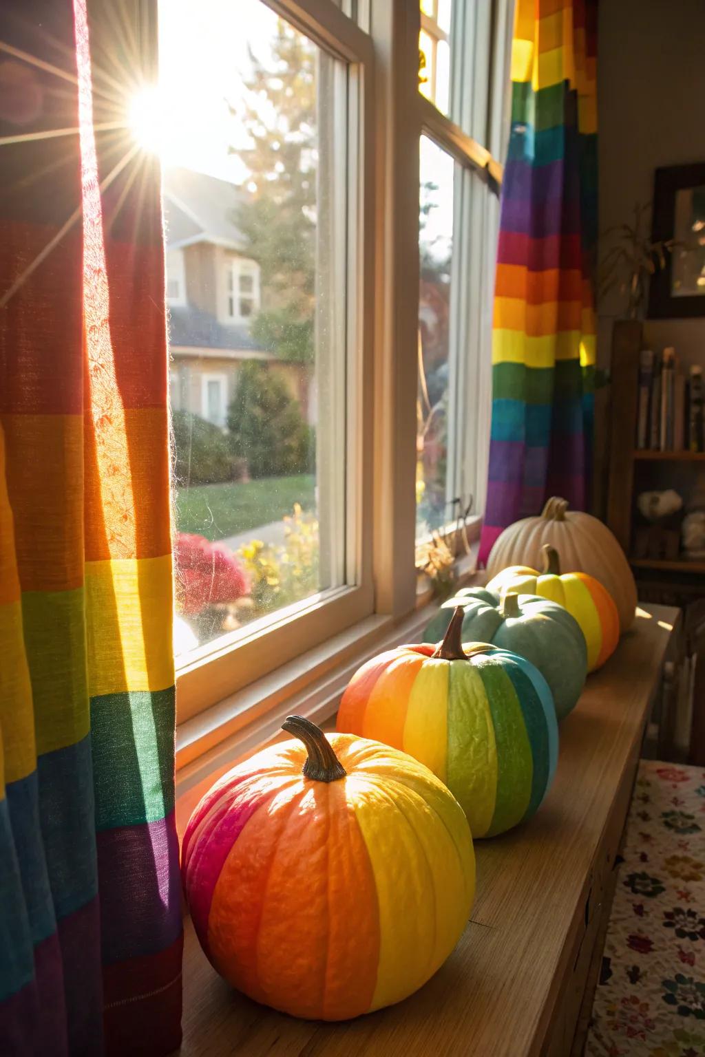Inject joy into your decor using rainbow-colored pumpkins.