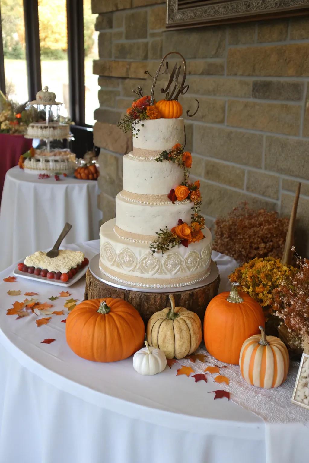 A cake table elegantly decorated with squash accents.