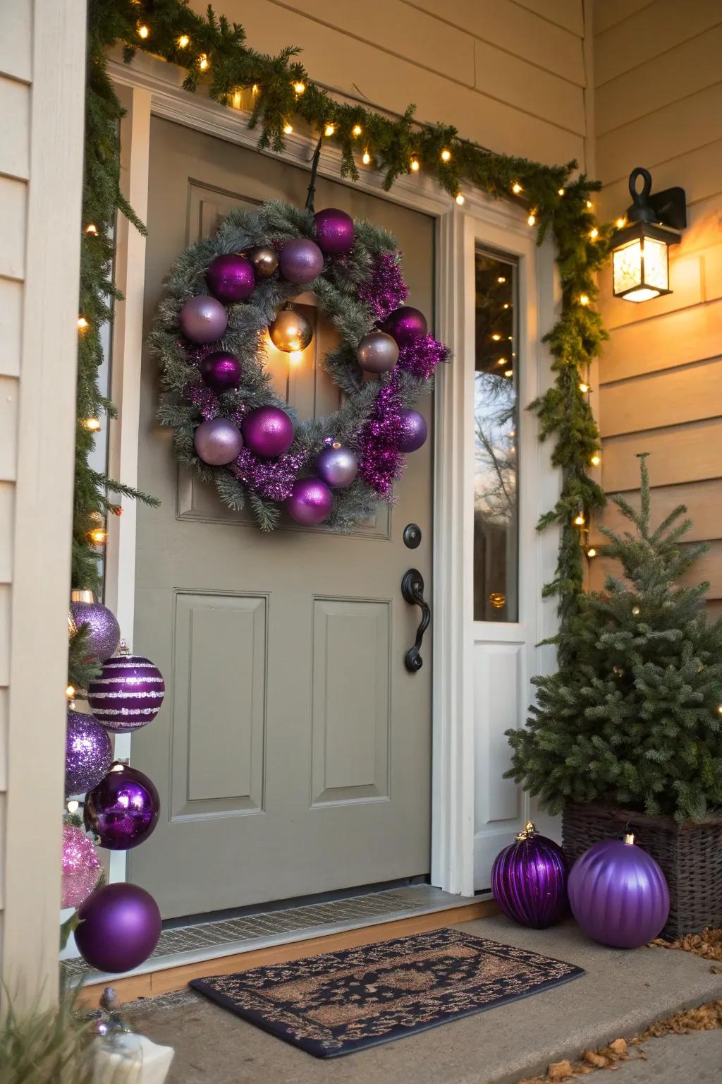 Purple baubles create a lively and festive atmosphere.