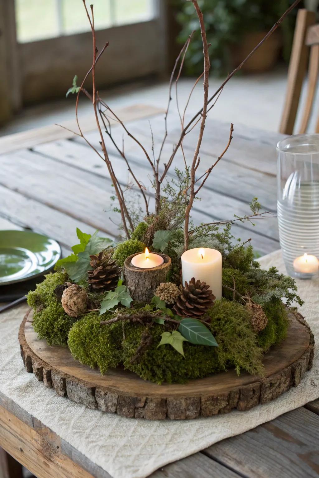 Moss and natural textures offer a fresh and organic ambiance.