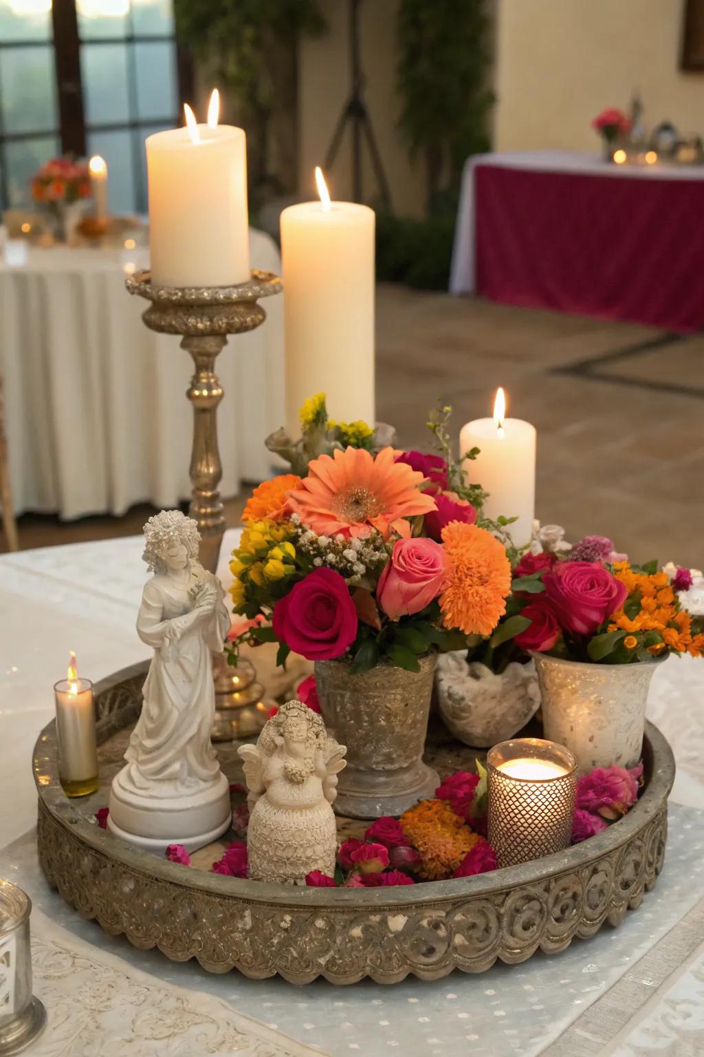 Mix-matched centerpieces add a personalized touch to tables.