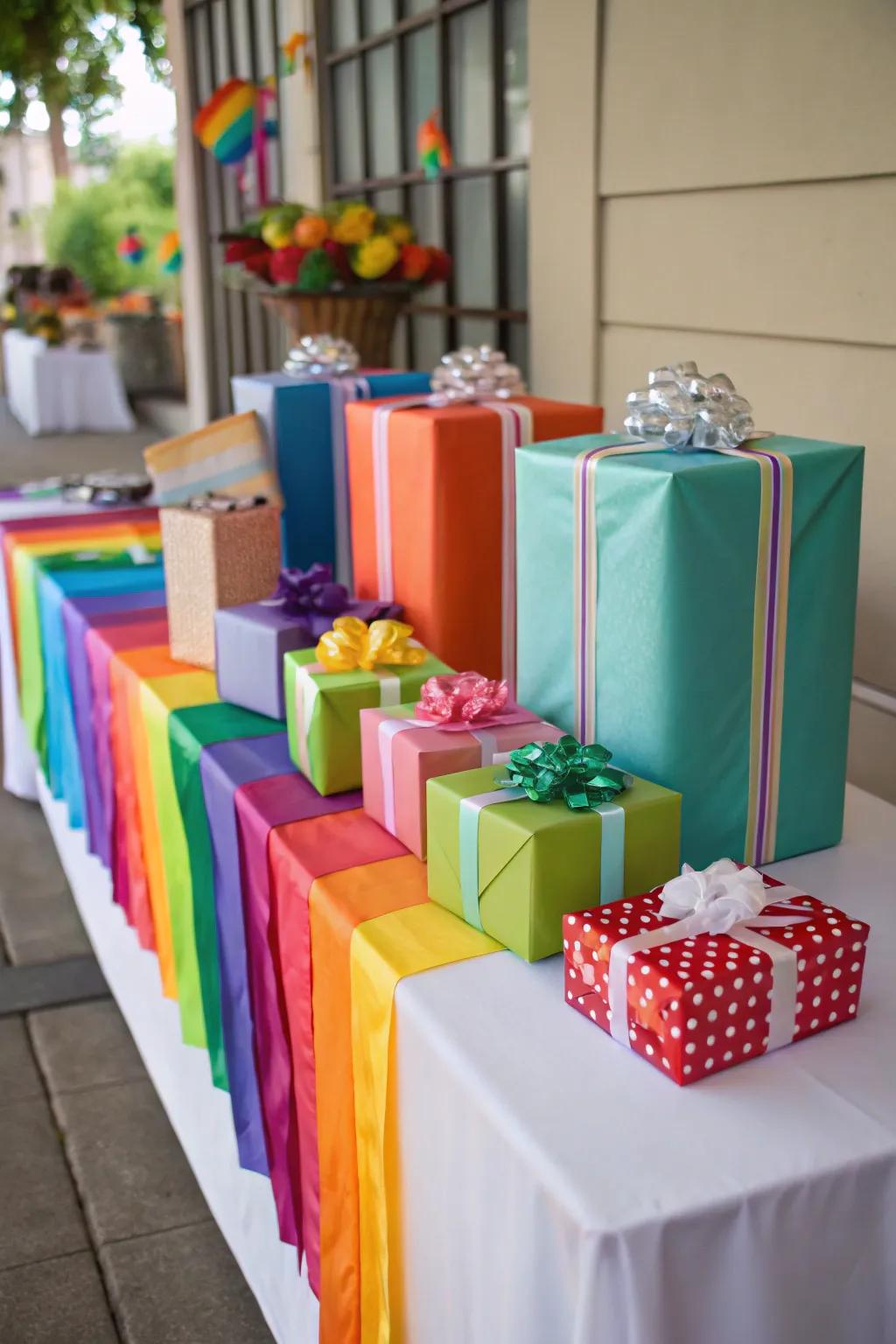 A beautifully arranged present display with spectrum-themed gifts.