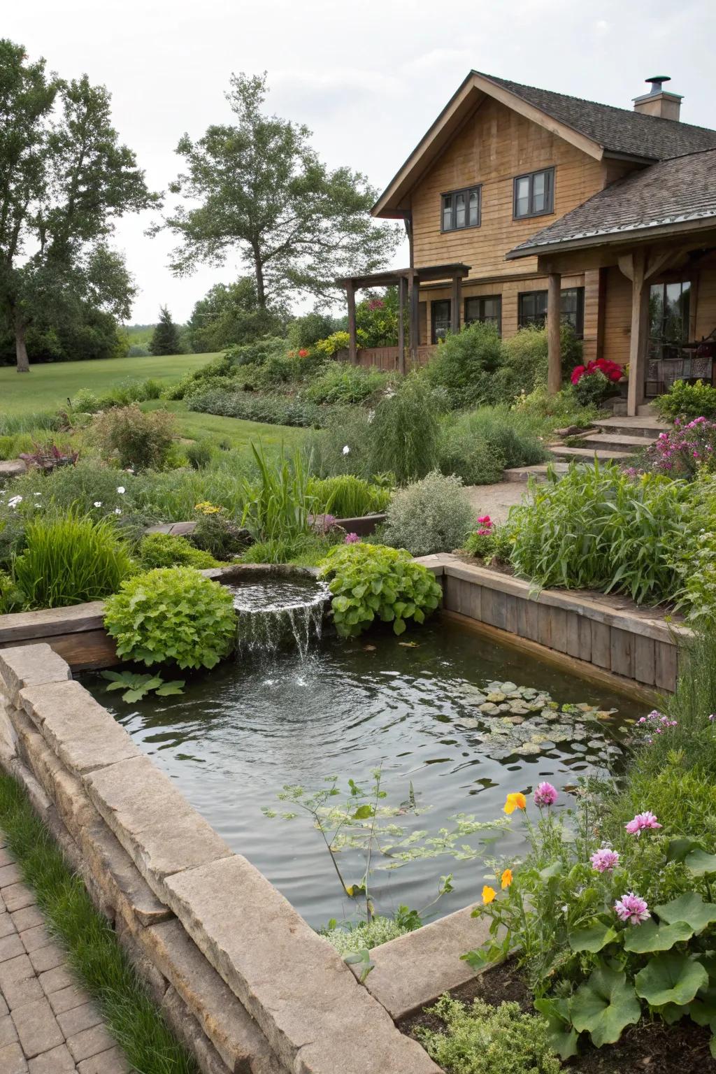 A tranquil pond with a water feature infusing serenity into a raised ranch garden.