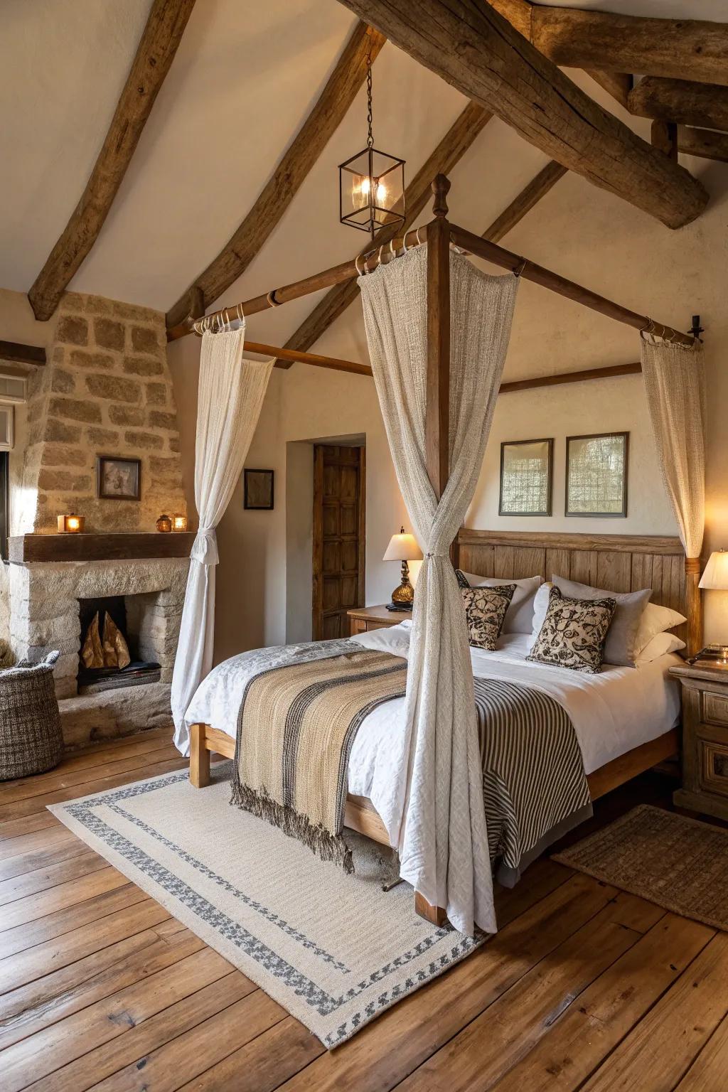 A bedroom featuring a canopy bed with countryside decorative highlights.