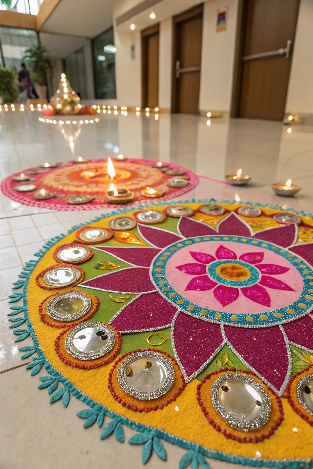 Gleaming surfaces introduce a shimmering sparkle to this festive rangoli.