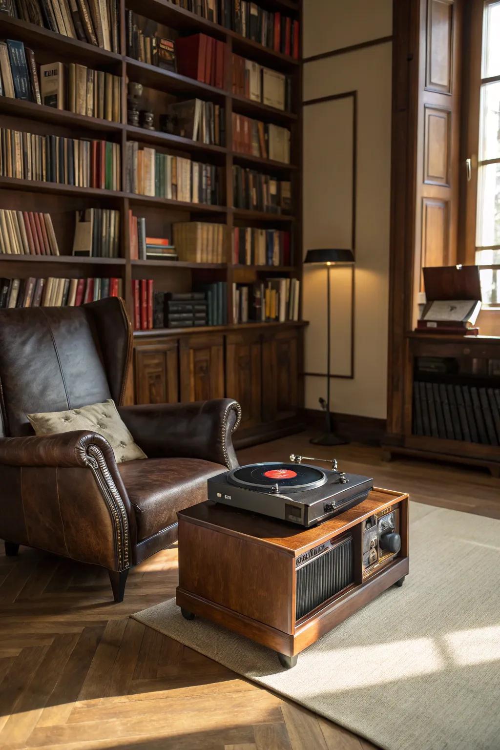 Library look that features a record player.