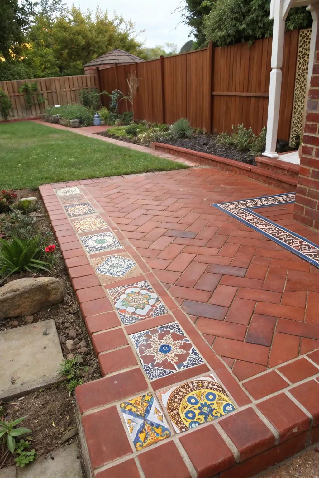 A red brick patio with vibrant tile piece accents