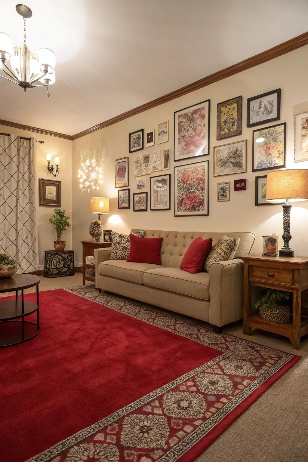 Wall art and accessories beautifully complement the scarlet floor covering in this cohesive lounge design.