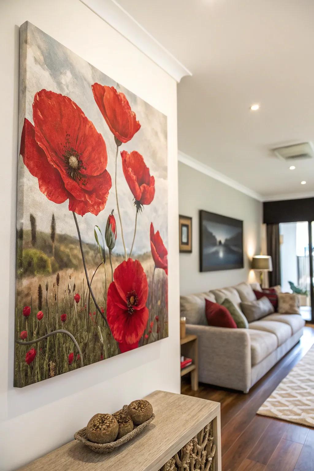 Crimson-themed wall art adding a festive signature to the room.