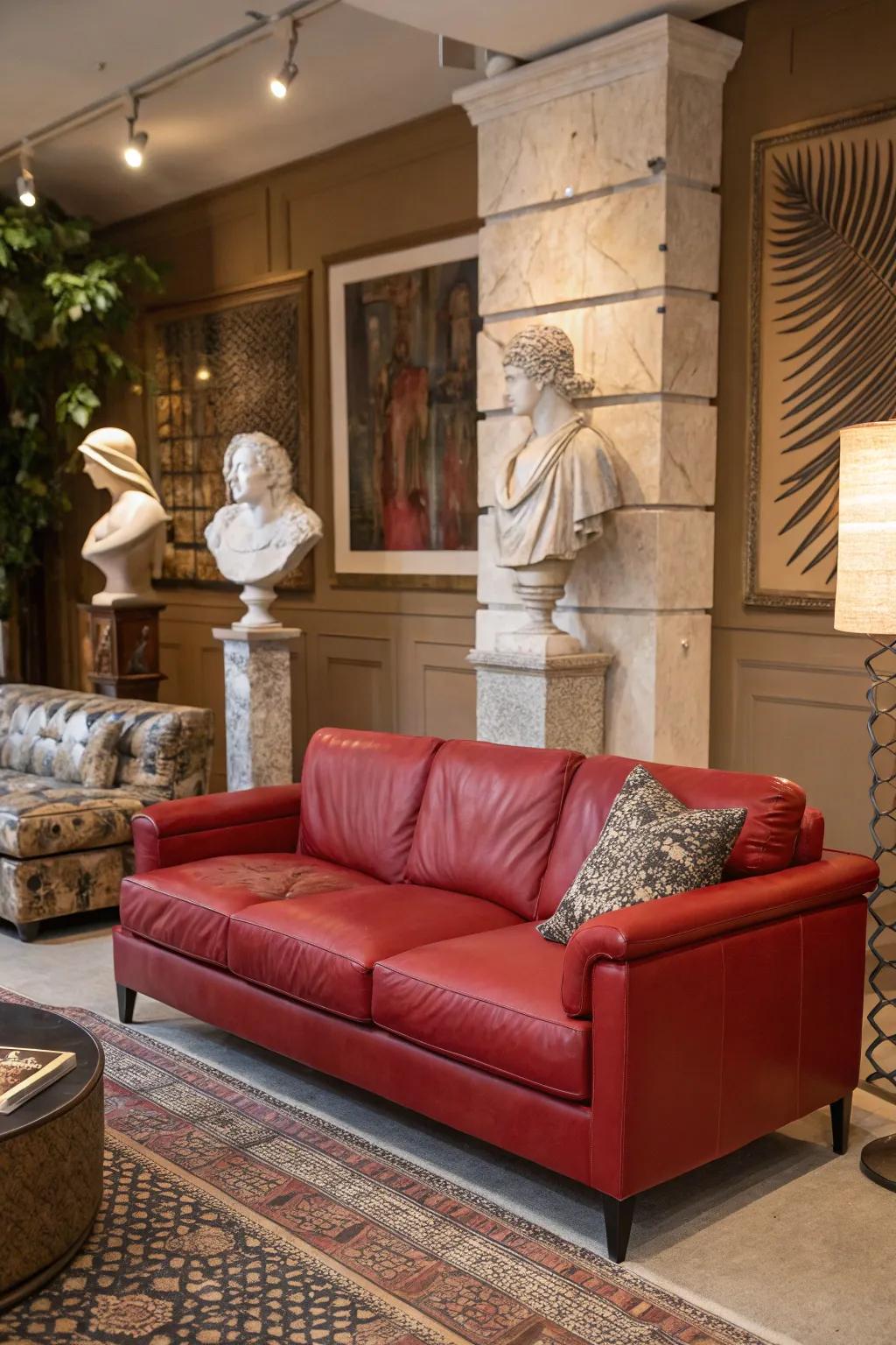Artistic sculptures impart grace and intrigue to a living space featuring a scarlet hide settee.
