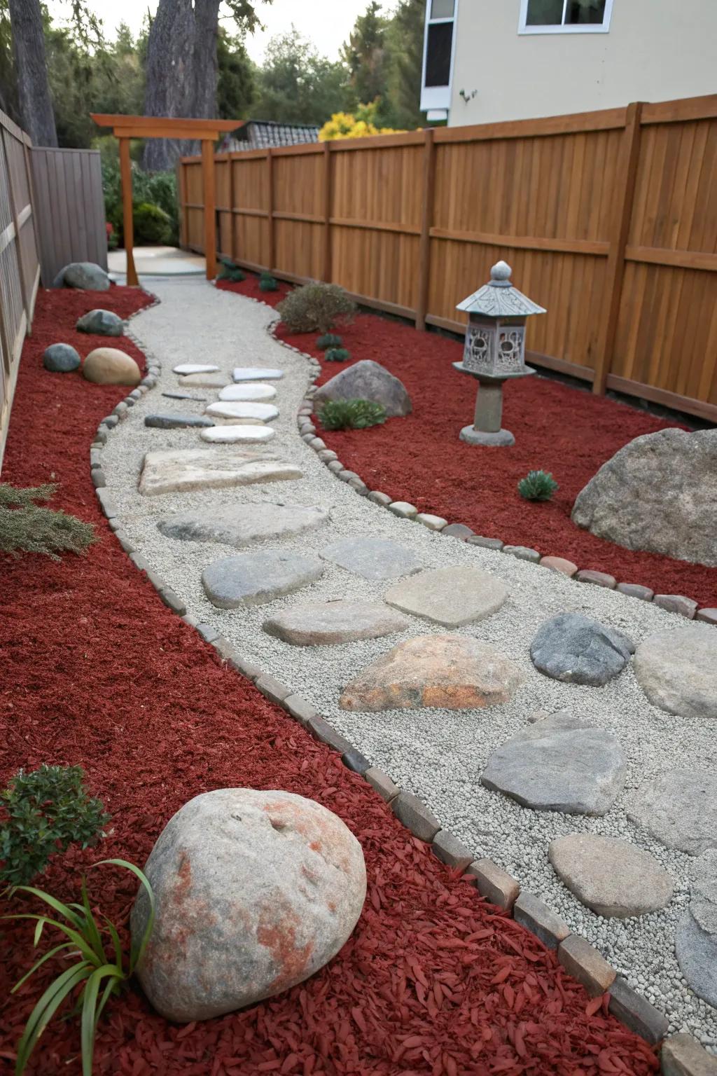 Red mulch helps create a serene Zen garden corner for relaxation.