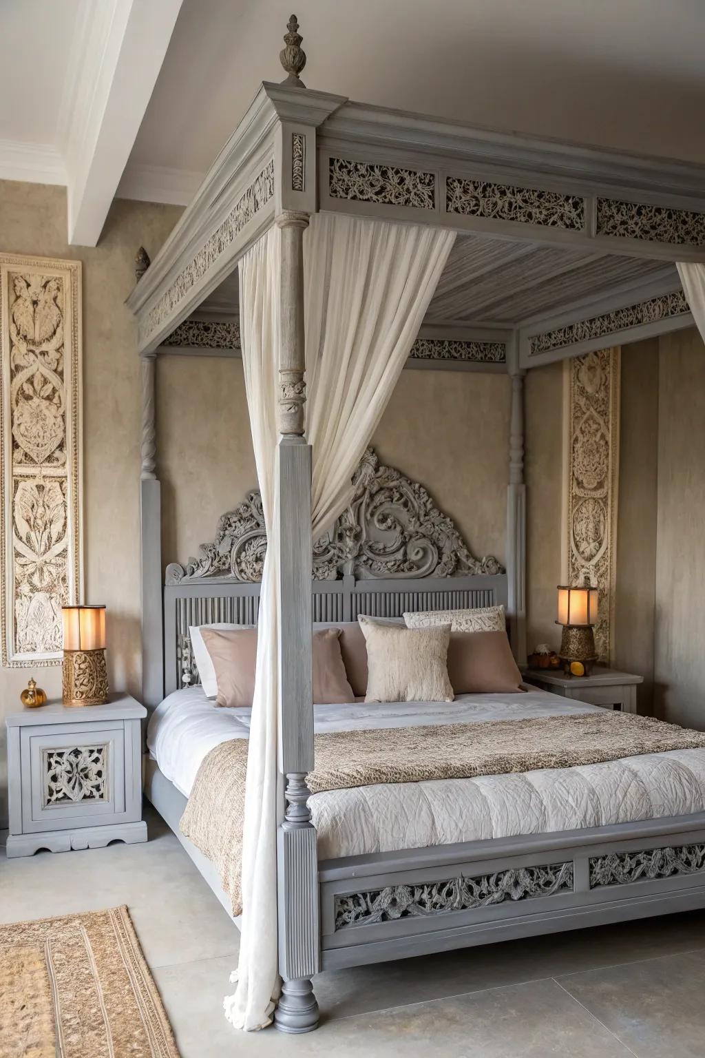 A bespoke bedframe becomes the focal point of a repose gray bedroom.