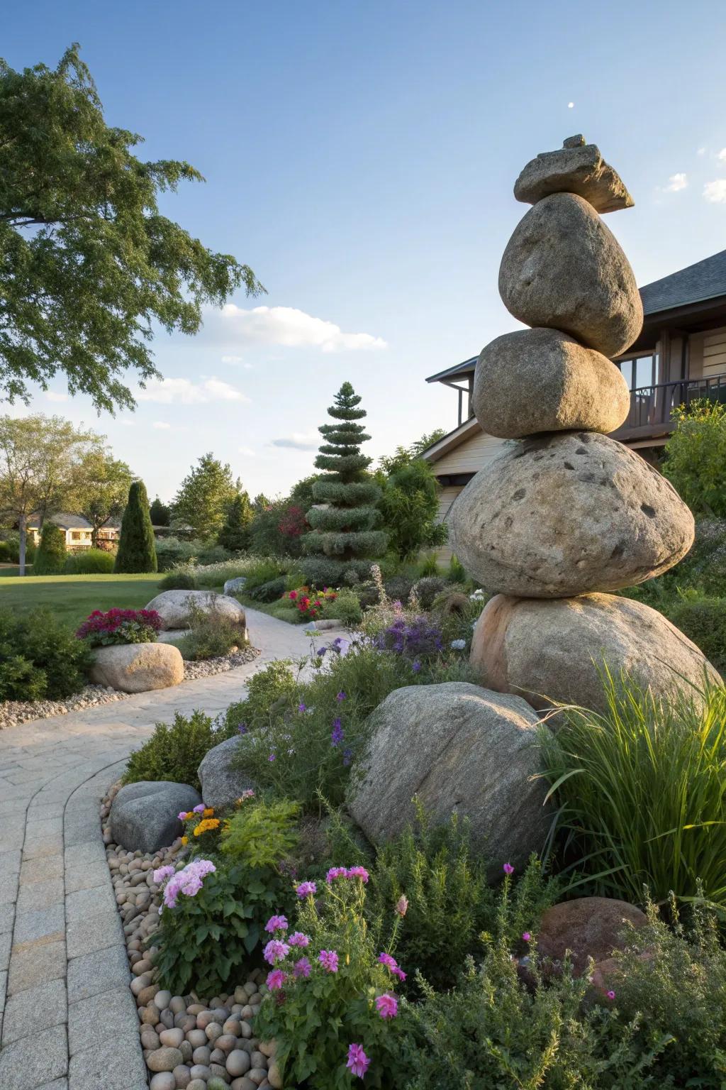 Artistic stone arrangements create stunning garden sculptures.