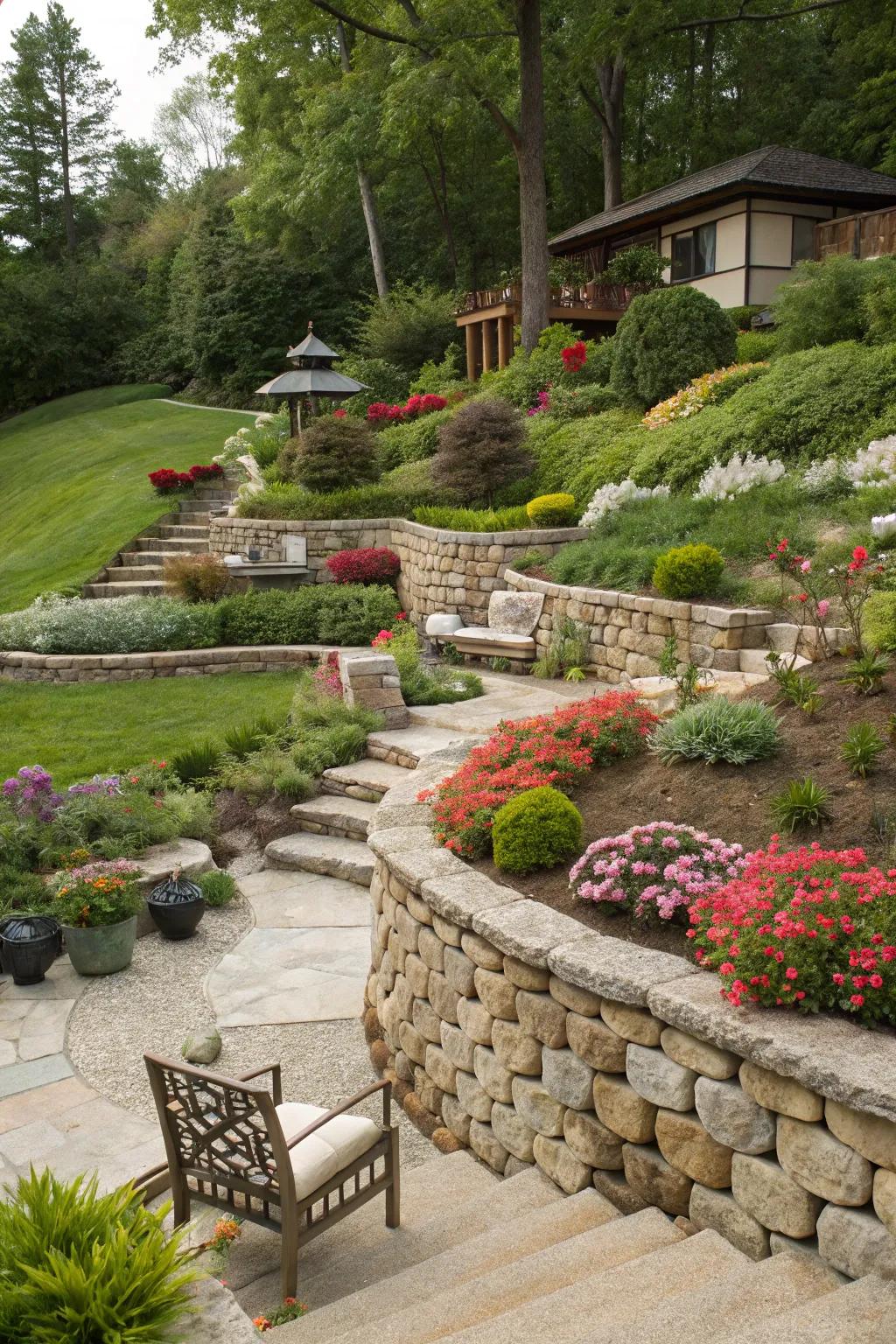 A garden creatively divided into themed sections using retaining walls.