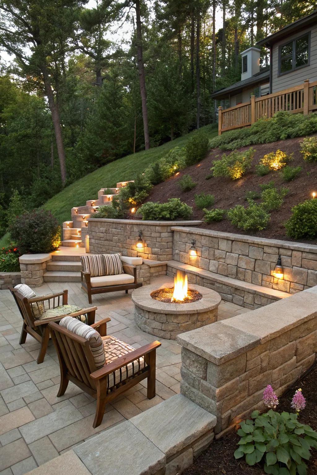 Bonfire pits add warmth and a focus point to retaining designs.
