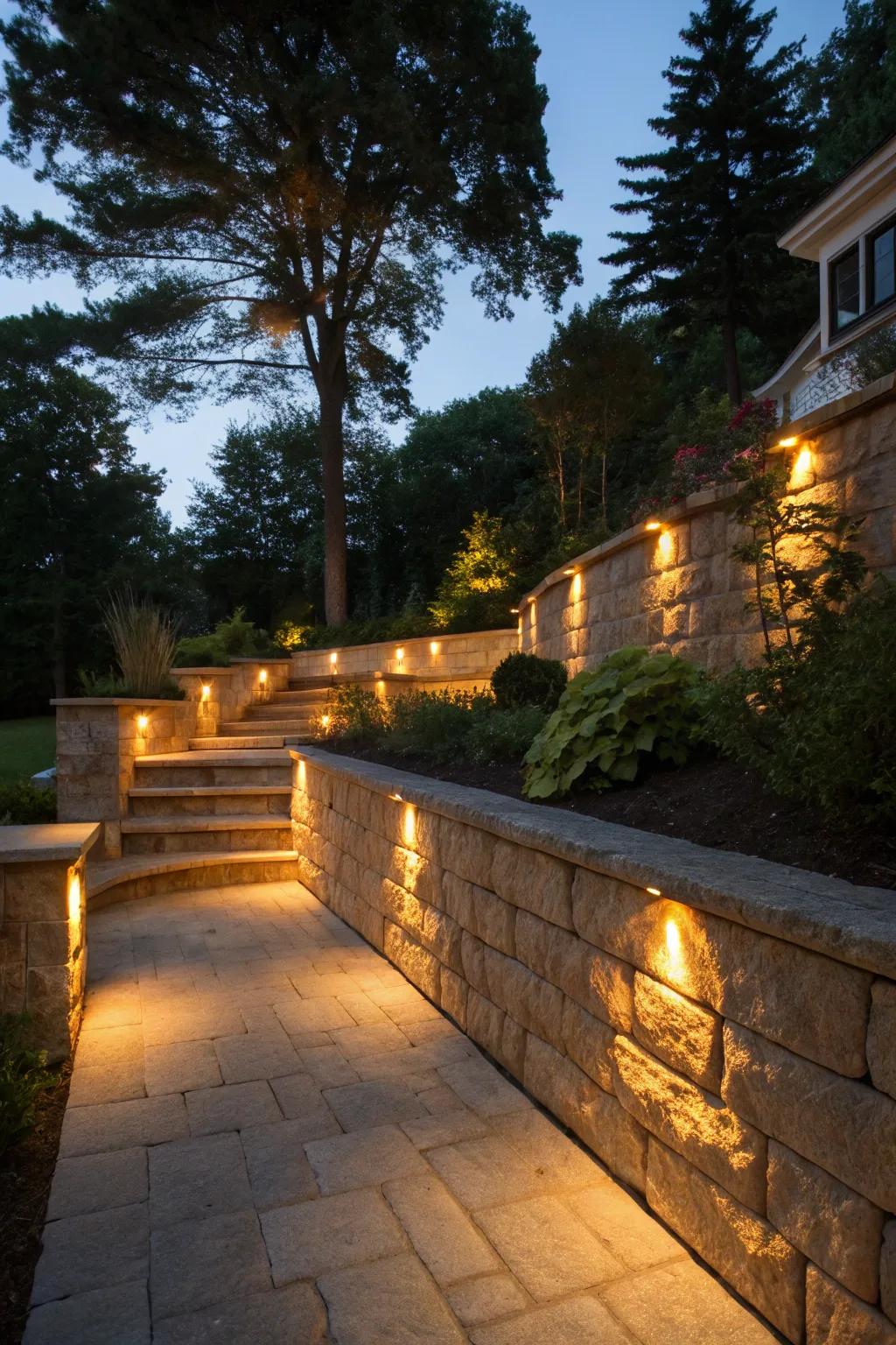 Transform your outdoor area with elegantly lit retaining structures for an enchanting evening ambiance.