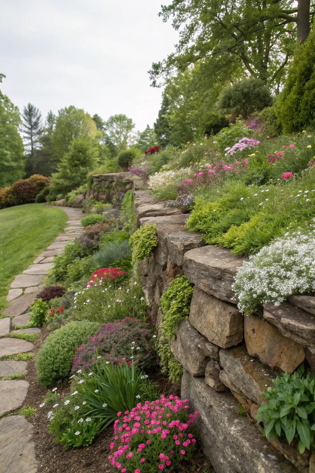 Boulder walls append structure and charm to exterior spaces.