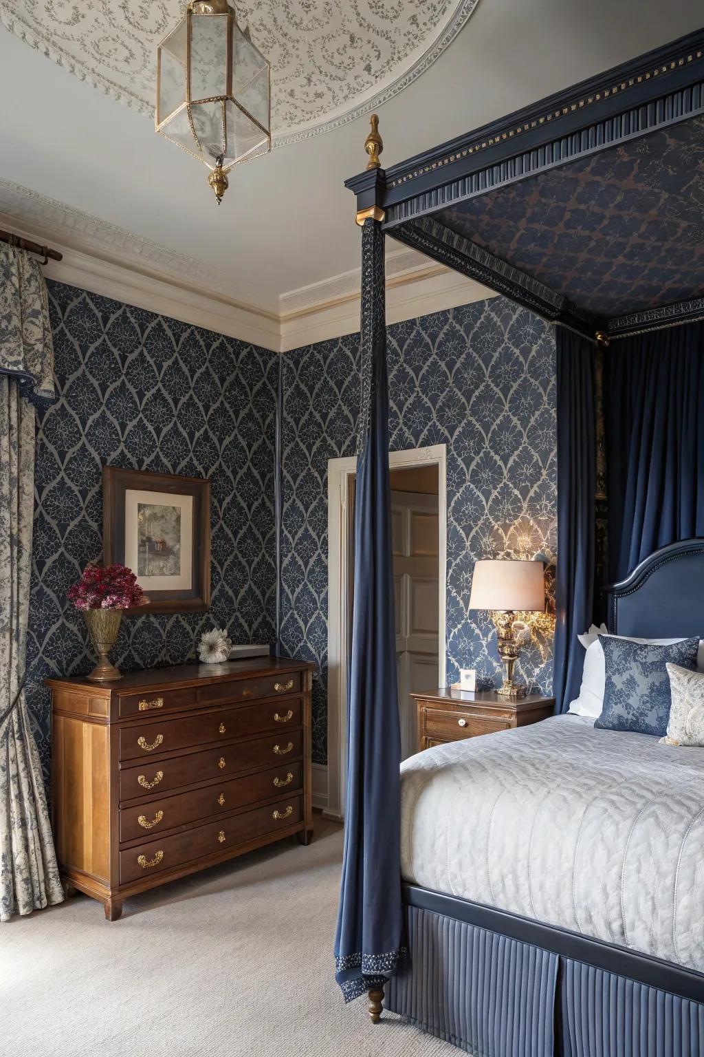 Textured wallpaper includes beauty and depth to deep blue walls.
