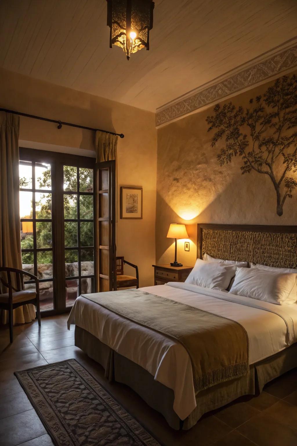 Deep shadows and subtle lighting fashion a personal sanctuary within the boudoir.