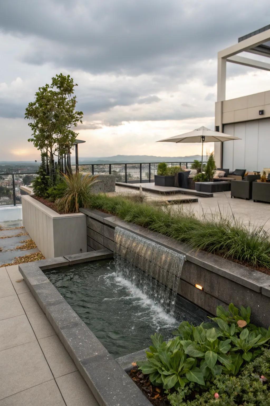 Tranquil rooftop featuring a calming water feature.